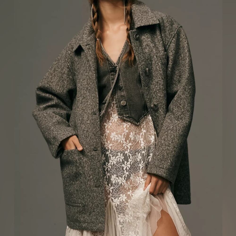 Anthropologie Wooly Shirt Jacket Charcoal Gray Coat Lined Sz XS